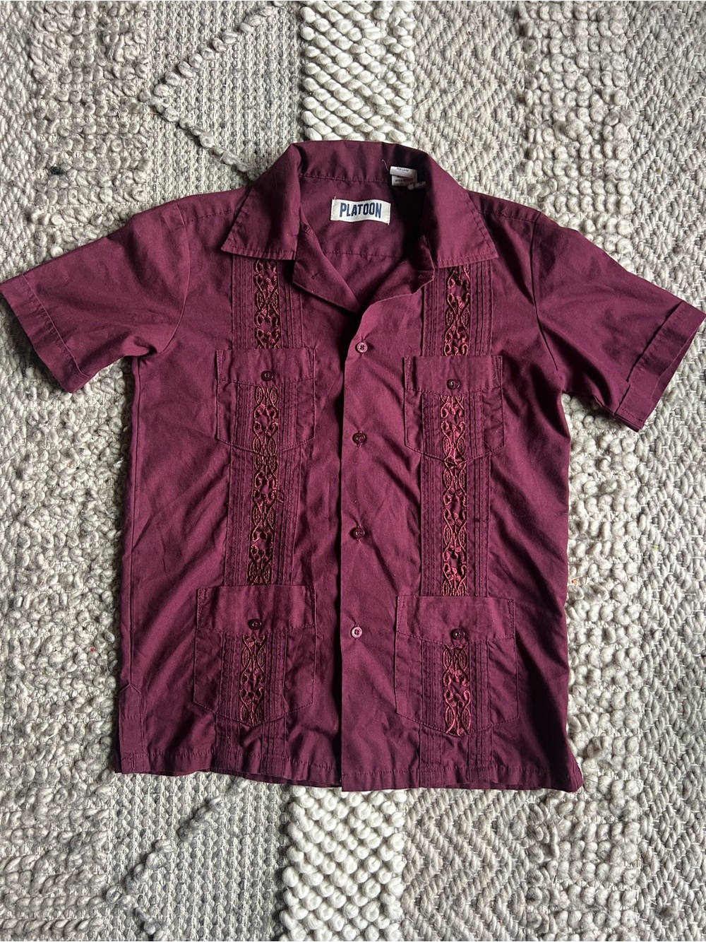 Boys GUAYABERA Shirt Short-Sleeve Embroidered Button-Down in Red Wine